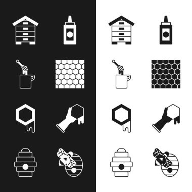 Bal kovanını, balı, arı kovanını, kavanozu, eli ve ikonu hazırla. Vektör