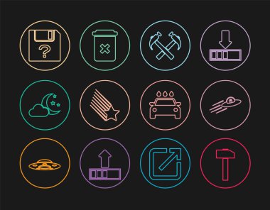 Set hattı Hammer, UFO uçan uzay gemisi ve uzaylı, çapraz çekiç, düşen yıldız, ay yıldızlı bulut, bilinmeyen belge, araba yıkama ve çöp kutusu ikonu. Vektör