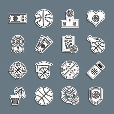 Basketbol topunda set çizgisi Shield, basketbol maçı bileti, Hand with, spor kazanan podyum, ödül ve planlama stratejisi ikonu. Vektör