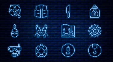 Olta oltası, direksiyon simidi, bıçak, yengeç, kaşık, olta makarası, akvaryum ve ceket ikonu. Vektör