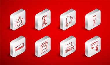 Elektrik karıştırıcı, karıştırıcı, fırın eldiveni, Spatula, mutfak vantilatörü, sos şişesi, reçel kavanozu ve klima ikonu. Vektör