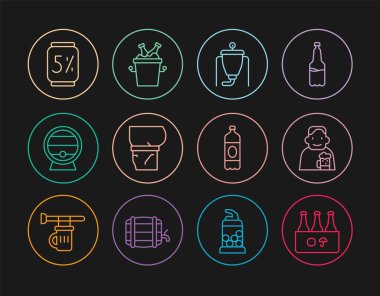 Bir paket bira şişesi, bira üreten mutlu adam, göbek, rafta tahta fıçı, kutu, plastik ve buz kovası ikonu. Vektör