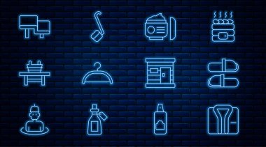 Bornoz, sauna terlikleri, krem veya losyon kozmetik tüpü, elbise askısı dolabı, kova, ahşap, ahşap hamam ve kepçe ikonu. Vektör