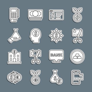 Sabit hat mobil bankacılık, altın külçeler, makas kesme kredi kartı, dolarla çevrimiçi iş adamı zihin planlama, para eli, POS terminal ve dolar, paylaşım, ağ simgesi. Vektör