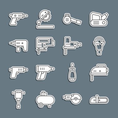 Hat testeresi, elektrikli yapboz, açılı öğütücü, yapraklı bahçe üfleyicisi, matkap makinesi, kablosuz tornavida ve ikon. Vektör