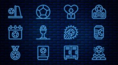 Set hattı futbol topu, bira kutusu, futbol ya da futbolcu, ödül kupası ve takvim, gol ve ikon. Vektör