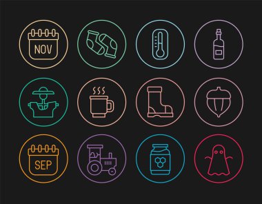 Hayalet, meşe palamudu, termometre, bir fincan çay, korkuluk, Kasım takvimi sonbaharı, su geçirmez lastik bot ve çorap ikonu. Vektör