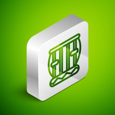 Isometric line Indian müzik enstrümanı tabla simgesi yeşil arka planda izole. Gümüş kare düğme. Vektör.