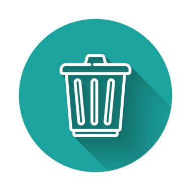 Uzun gölgeli beyaz çizgi çöp kutusu simgesi. Çöp kutusu tabelası. Sepet simgesini geri dönüştür. Ofis çöpü ikonu. Yeşil daire düğmesi. Vektör.