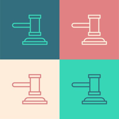 Pop sanat çizgisi Yargıç Tokmak simgesi renk arkaplanında izole edildi. Gavel cezaların, faturaların, mahkemenin, adaletin hükmünü verecek. Açık arttırma çekici. Vektör.