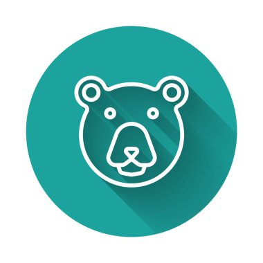 Beyaz çizgi Bear baş simgesi uzun gölge arkaplan izole. Yeşil daire düğmesi. Vektör
