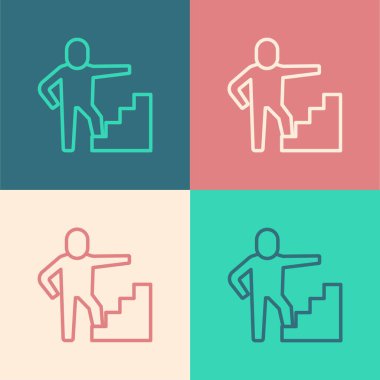 Renk arkaplanında bitiş bayrağı simgesine sahip pop sanat hattı merdiveni. Kariyer gelişimi konsepti. İş geliştirme kavramı. Vektör