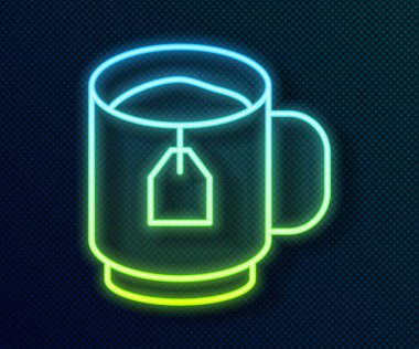 Siyah arka planda izole edilmiş çay poşeti ikonu olan parlak neon çizgili bir fincan çay. Vektör