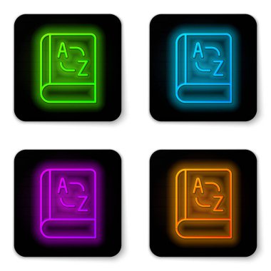 Parlayan neon hattı çevirici kitap simgesi beyaz arkaplanda izole edildi. Sohbet balonunda yabancı dil konuşma simgeleri. Çeviri konsepti. Siyah kare düğme. Vektör
