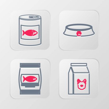 Köpek, kedi, evcil hayvan kasesi ve konserve ikonu için yiyecek torbası hazırlayın. Vektör