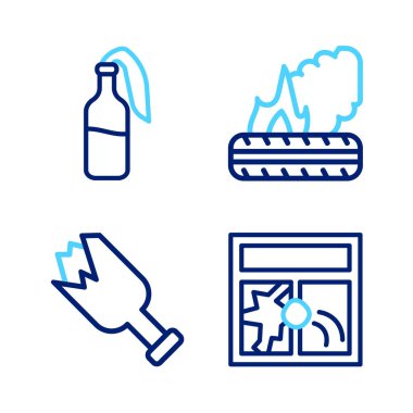 Çizgi, kırık cam, silah olarak şişe, yanan lastikler ve kokteyl ikonu. Vektör