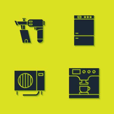 Çivi tabancası, kahve makinesi ve bardak, klima ve buzdolabı ikonu. Vektör.