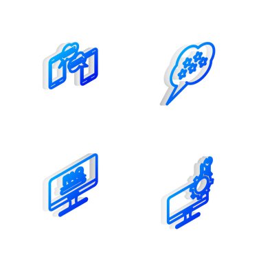 Isometric hattı 5 yıldızlı değerlendirme, cep telefonundan sohbet mesajları, SSS bilgisi ve bilgisayar izleme servis simgesi ile monitörü ayarla. Vektör.