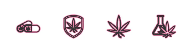 Réglez Les Pilules Médicales Avec Marijuana Marijuana Feuille Cannabis Bouclier — Image vectorielle