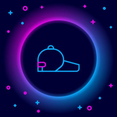 Parlayan neon hattı beyzbol şapkası simgesi siyah arkaplanda izole edildi. Spor malzemeleri. Spor üniforması. Renkli taslak konsepti. Vektör