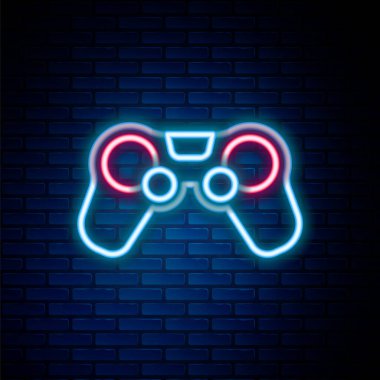 Parlayan neon hattı Gamepad simgesi tuğla duvar arka planında izole edildi. Oyun kontrolörü. Renkli taslak konsepti. Vektör