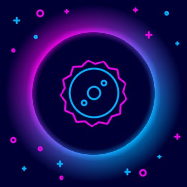 Parlak neon çizgisi. Siyah arka planda bulunan testere ucu simgesi. Testere tekerleği. Renkli taslak konsepti. Vektör