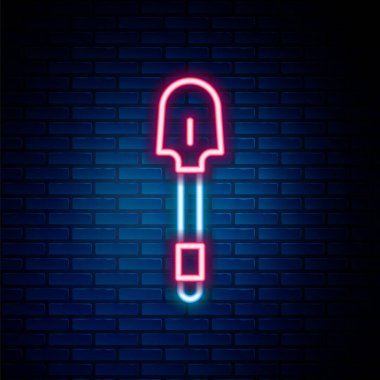 Parlayan neon çizgili kürek ikonu tuğla duvar arkasında izole edilmiş. Bahçe aletleri. Bahçecilik, tarım, çiftçilik aleti. Renkli taslak konsepti. Vektör