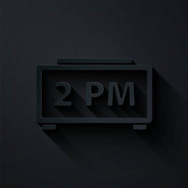 Kağıt kesiği Dijital alarm saati simgesi siyah arkaplanda izole edildi. Elektronik çalar saat. Zaman simgesi. Kağıt sanatı tarzı. Vektör.