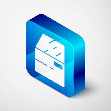 Gri arka planda izole edilmiş Isometric Car kapı simgesi. Mavi kare düğme. Vektör.