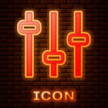 Parlayan neon müzik eşitleyici simgesi tuğla duvar arka planında izole edildi. Ses dalgası. Ses dijital dengeleyici teknolojisi, konsol paneli, nabız müzikali. Vektör.