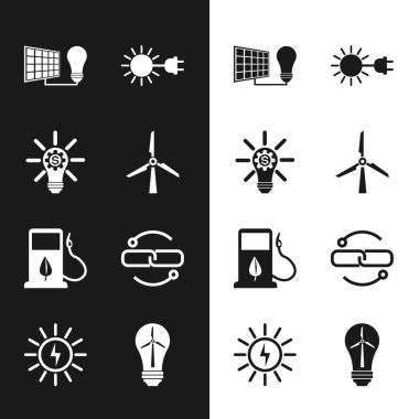Rüzgar türbini ayarlayın, donanımlı ampul, güneş enerjisi paneli ve ışık, güneş elektrik prizi, biyoyakıt enjektörü, zincir hattı, rüzgar ve ikon. Vektör