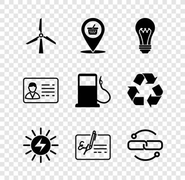 Rüzgar türbini, konum alışveriş septi, ampul, güneş enerjisi paneli, imzalı belge, zincir hattı, kimlik kartı ve benzin istasyonu simgesi ayarla. Vektör