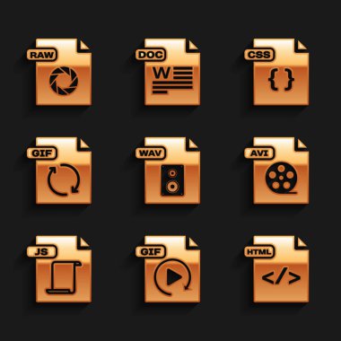 WAV dosya belgesini, GIF, HTML, AVI, JS, CSS ve HAM simgesini ayarla. Vektör