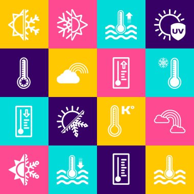 Su termometresi, bulutlu Gökkuşağı, Meteoroloji, Güneş, kar tanesi ve ikon ayarla. Vektör