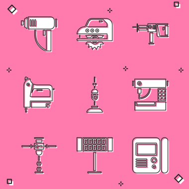 Elektrik endüstriyel kurutma makinesi, dairesel testere, döner çekiç matkabı, inşaat zımbası, elektrik süpürgesi ve dikiş ikonu. Vektör
