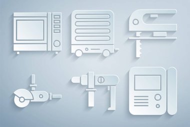 Elektrikli matkap, yapboz, çim biçme makinesi, ev içi iletişim sistemi, ısıtıcı ve mikrodalga fırın ikonu. Vektör