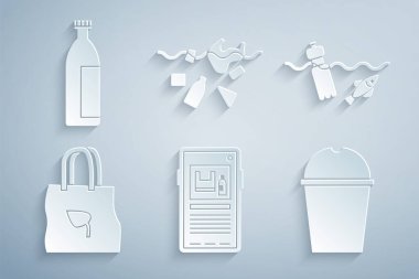 Set Plastik Kirliliği, Okyanus sorunu, geri dönüşümlü alışveriş torbası, kağıt cam su, gezegen ve Losyon kozmetik tüp ikonu. Vektör