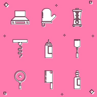 Mutfak vantilatörü, fırın eldiveni, blender, şarap tirbuşonu, sos şişesi, Spatula, kızartma tavası ve et dilimi ikonu. Vektör