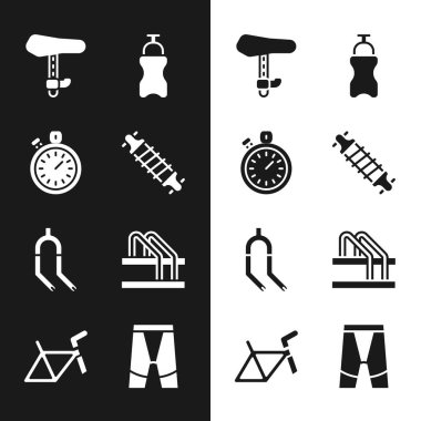 Bisiklet süspansiyonunu, Kronometreyi, koltuğu, su, çatal, park yeri, bisiklet şortu ve çerçeve simgesiyle spor şişesini ayarlayın. Vektör