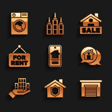 Çevrimiçi emlak evi, kalkanlı ev, garaj, gerçek mesaj, gökdelen, Kiralık Askı, Satış ve Yıkama ikonu. Vektör