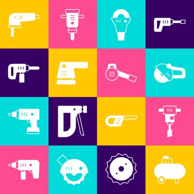 Hava kompresörünü, elektrikli el beton karıştırıcıyı, açı öğütücüsünü, zımpara makinesini, matkap makinesini, yapbozu ve Yaprak bahçe üfleme ikonunu ayarla. Vektör