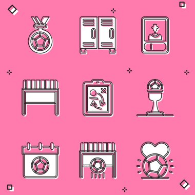 Futbol ya da futbol madalyası, soyunma odası, kart, hedef, planlama stratejisi, ödül kupası ve futbol, takvim ve ikon. Vektör