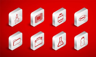 Su, ahşap fıçı rom, propan gazı, Amerikan futbolu, tüp ve matara, kilise binası, araba aküsü ve dizin ikonu. Vektör