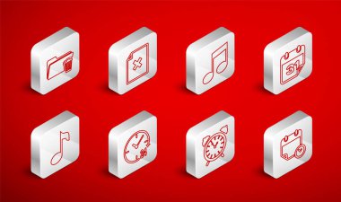 Satır takvimini ve saatini ayarla, dosya belgesini, notayı, tonu, alarmı, klasörü, saati 24 saat ve simgeyi sil. Vektör