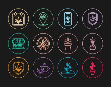 Esrara marihuana fabrikası, marihuana ile test tüpü çevrimiçi satın alma, Stop, Takvim ve konum ikonu. Vektör