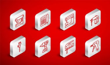 Elektrikli tutkal tabancası, telefon, mikser, döner çekiç matkabı, yapboz, dikiş, kablosuz tornavida ve inşaat matkabı ikonu. Vektör