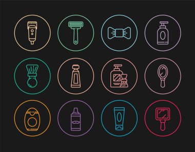 Çizgi aynası, papyon, krem losyon kozmetik tüp, tıraş fırçası, tıraş makinesi, jöle köpük ve jilet ikonu. Vektör