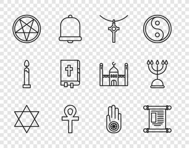 Davut 'un Yıldızı, KHK, kağıt, parşömen, parşömen, Hristiyan haçı, Haç Ankh, Pentagram çemberi, Kutsal İncil kitabı, Jainism veya Jain Dharma ve Hanukkah menorah ikonu. Vektör