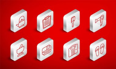 Sıralı terlikler, banyo terlikleri, sauna fırçası, saç kurutma makinesi, bornoz, saplı su ısıtıcısı, havlu yığını ve havyar tokmağı ikonu. Vektör