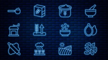 Çizgi tohumu, kabak tohumu, un torbası, buğday, el yapımı kahve öğütücüsü, ölçü kabıyla ölçü kabı ve un paketi ikonu. Vektör